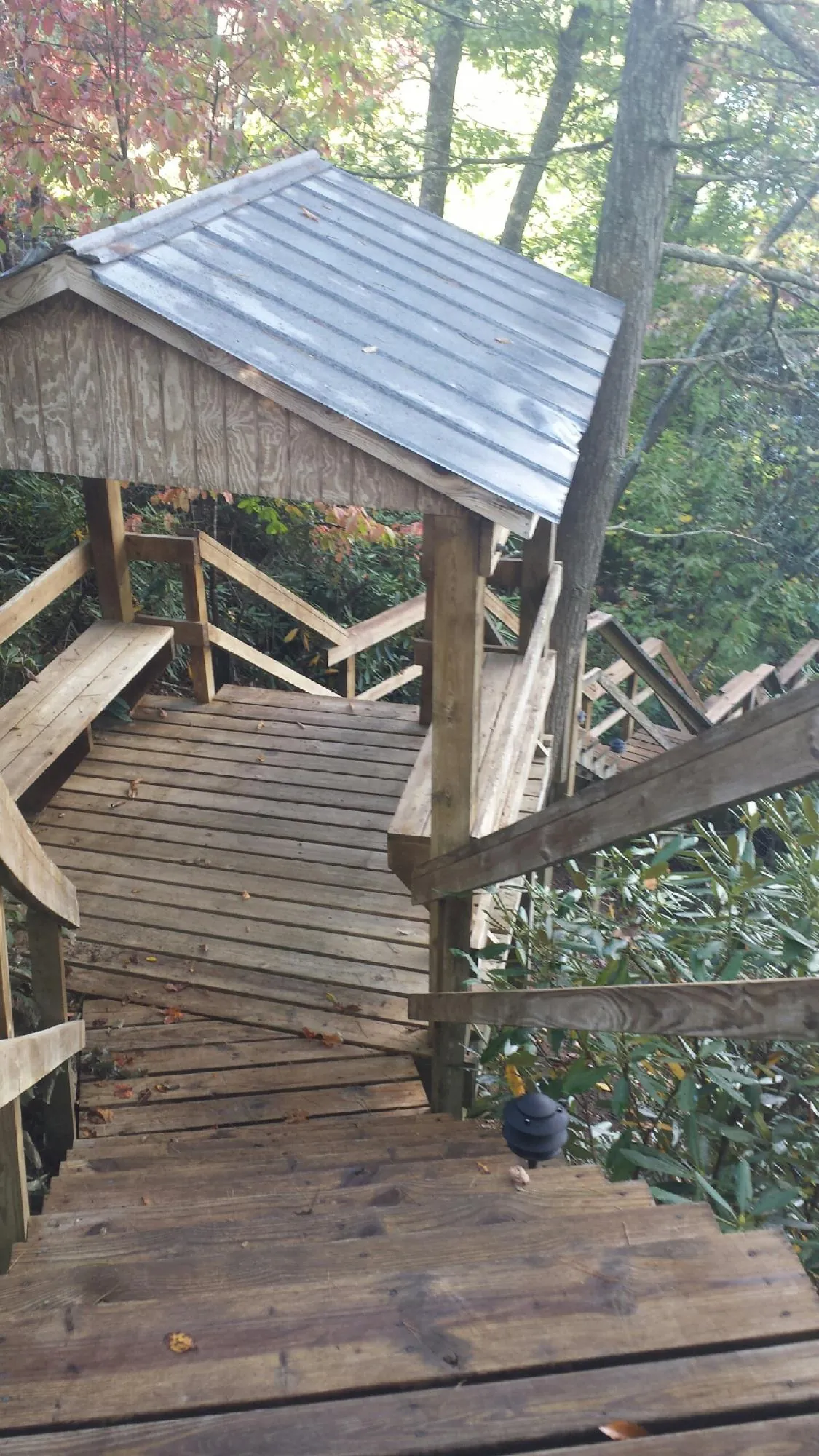 Metal roofed shelter over wooden steps on a wooded walkway — Skylight Repair & Installation work by our crew in Cedartown